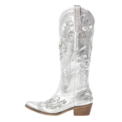 Cowboy Boots for Women - Wide Calf Knee High Western Cowgirl Boots, Classic Embroidered, Pointed Toe Chunky Heel Pull on Vintage Tall Boots