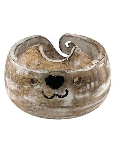 Image of Wooden Yarn Bowl for Crocheting Handmade Wool Storage Yarn Bowl with Holes Knitting Gifts for Women Crochet Accessories (5 inch x 3 inch - White)