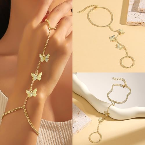 6 Pieces Gold Finger Ring Bracelet for Women Trendy 14k Gold Plated Womens Adjustable Cute Rings Hand Chain Link Bracelets Set for Women Jewelry Gifts Daily Accessories on Summer Beach 7