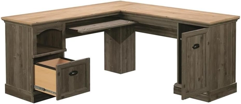 Sauder Sonnet Springs L-Shaped Desk with open file drawer and keyboard tray