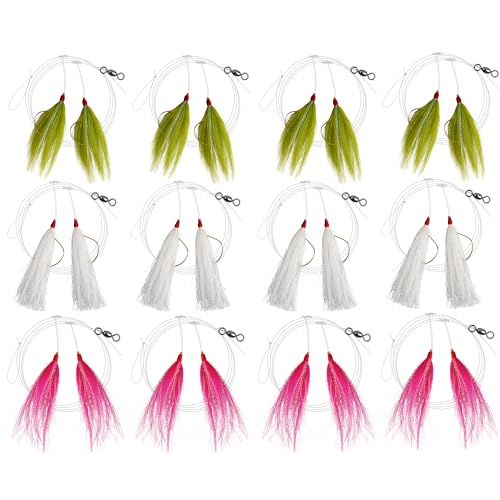 Bucktail Teasers rigs Fishing Teaser Rigs 3Colors Fishing Lure with Bucktail Teaser Mono Leader Swivel Fishing Bait Rigs for Saltwater(12PCS)