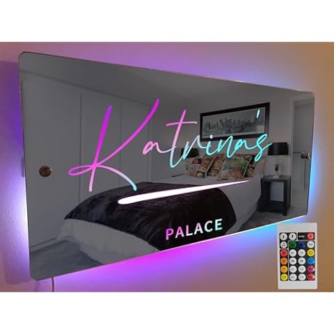 ROSLILY 32" Personalised Name Mirror with Lights Led Color Changing Light Up Mirror Wall Mounted Name Neon Signs Gifts for New Year Birthday Valentine Living Room Decor Cover
