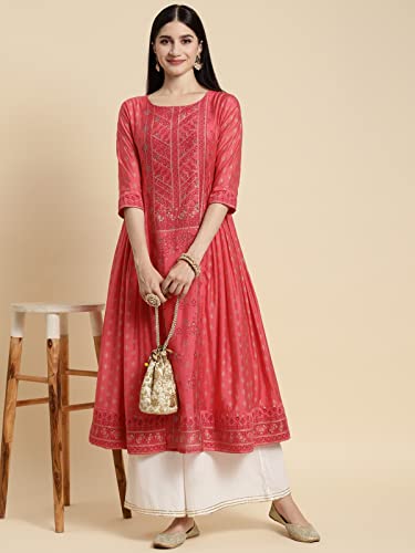 Image of rangita Women's Chanderi Relaxed Fit Flared Calf Length Printed Kurti | Kurta