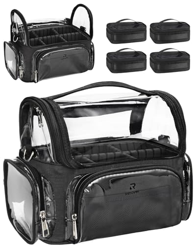 NAONAYA Makeup Brush Bag, Clear Makeup Brush Holder Professional Makeup Artist Travel Case Waterproof Cosmetic Organizer Bag, Full Open Easy to Access, with Adjustable Shoulder Strap and Dividers