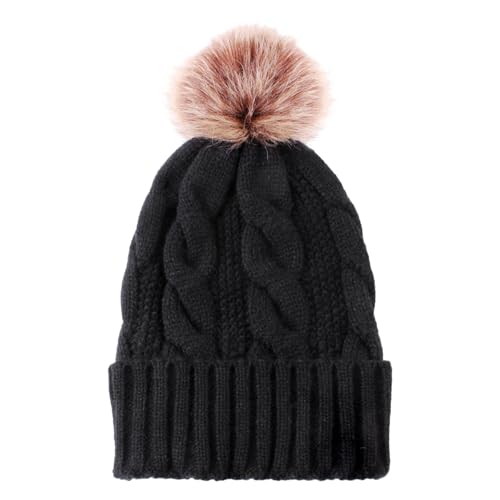 1 gorro de punto de bola de piel, sombrero de invierno para mujer, sombrero de cúpula, sombrero de lana resistente al viento, sombrero cálido grueso de invierno, sombrero de invierno cálido para