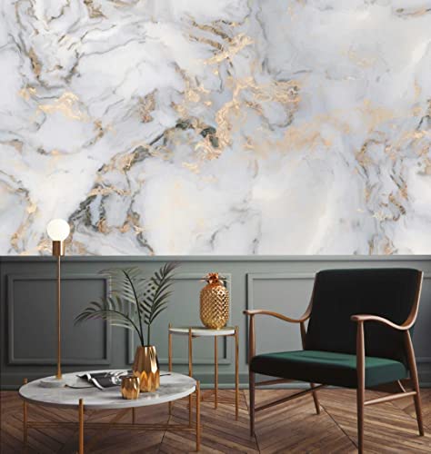 Cocodeco White Marble Pattern Gold Look Abstract Pvc-Free Wallpaper Wall Decoration Removable 100''H X 150''W #TOP2