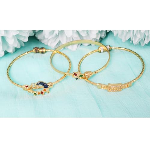 Image of Touchstone Indian Bollywood Handcrafted Engraved Etched Floral Round Rhinestones Cubic Zirconia CZ Designer Jewelry Openable Elegant Gold Plated Bracelets Combos for Women