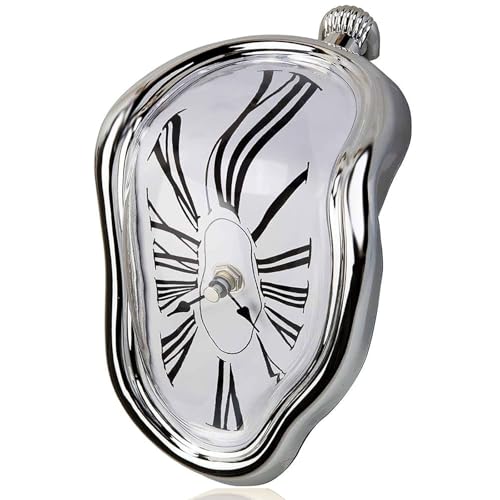 eaxeaxea Melting Shelf Clock Art Decor - Salvador Dali Surreal Dripping, 8x4 in Bright Silver Polished Shelf & Desk Gift