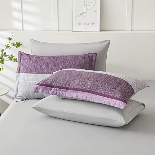 Flymme Striped Patchwork Bed In A Bag 7 Pieces,Purple White Grey Stripe Pattern Queen Comforter Set With Sheets, Soft Lightweight Bedding Sets Collections For All Season (Purple 90''X 90'') #TOP5