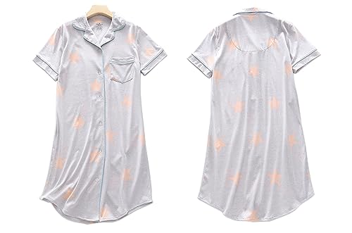 Image of CHUNG Nightshirts for Women Short Sleeve Cotton Sleepshirt Loungewear Button Down Dress pjs Pajamas Plus Size