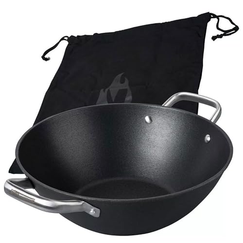 FMProfessional Force Wok de hierro fundido de 32 cm – Sartén wok con revestimiento antiadherente de alta calidad – Apto para todo tipo de fuegos (también inducción) – 33 x 42,8 x 12 cm aprox
