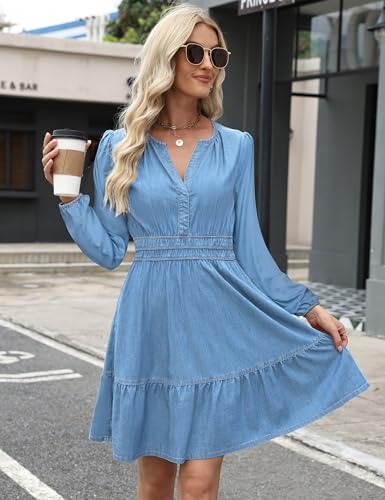 Denim Dress for Women Long Sleeve V Neck Empire Waist Casual Mini Dress Tiered A Line Jean Dresses with Pockets4