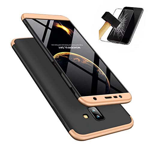 MISSDU Coque Samsung Galaxy J6+/J6 Plus (2018) + Verre trempé écran Protecteur, 360 Degrés Complète Protecteur Anti-égratignures Solide PC Plastique Coque Housse Etui Cover, Or Noir