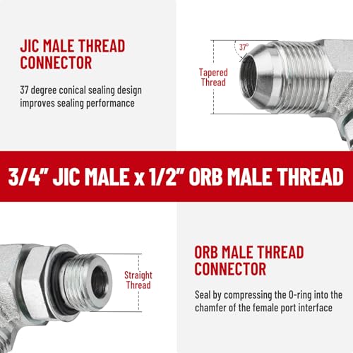 Image of 5 Pack 90 Degree Elbow Hydraulic Adapter Fittings: 3 /4 inch JIC 37 Male x #8 SAE /ORB Male, Hydraulic Hose End Connectors with Protection Cover - 6801-12-08