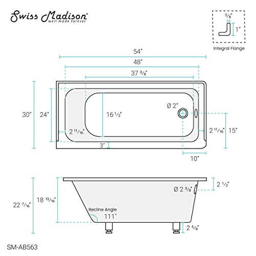 Swiss Madison Well Made Forever SM-AB563, Voltaire 54 in x 30 in Acrylic Glossy White, Alcove, Integral Right-Hand Drain, Bathtub