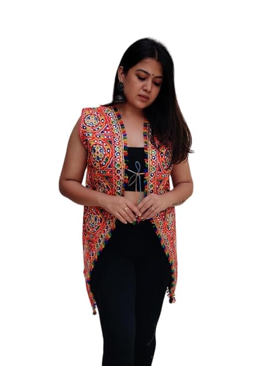 Ethnic Jacket for Women Waist Coat Stylish Cotton Handmade Navratri Traditional Rajasthani Embroidered Mirror Work Gujrati Kutchi Koti for Girls - Bust