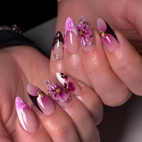24Pcs French Tip Press on Nails Almond Fake Nails with Floral Gol...