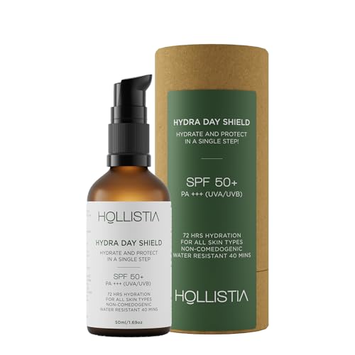 Image of Hydra Day Shield Sunscreen SPF 50 PA+++ | 72 hour Hydration All Skin Types | Broad Spectrum UVA & UVB Protection | Lightweight, Water & Sweat Resistant | No White Cast for Women & Men | 50ml