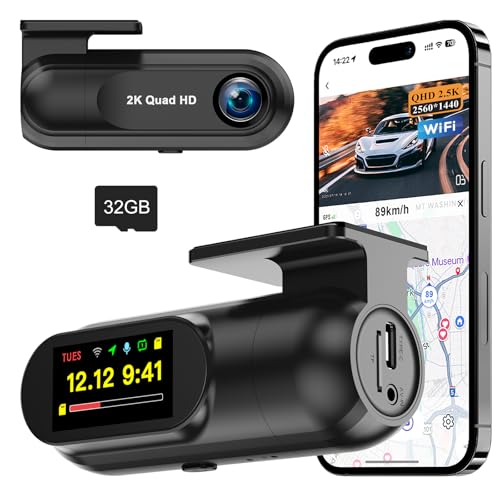 2K Dash Cam Front Dash Camera for Cars with 32GB Card, WiFi Dashcam with App Control, Mini Car Camera, Dashcam with 24H Parking Mode, Accident Lock, Loop Recording