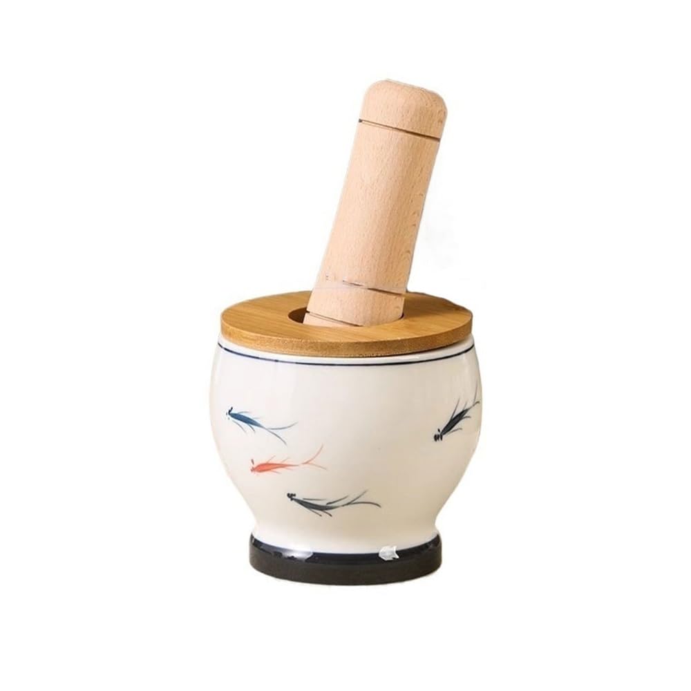 Mortaio e Pestello Smerigliatrice Manuale for Erbe aromatiche, Mortaio for Aglio Domestico, macinino in Ceramica con Coperchio in Legno e schiacciaspezie con pestello Mortaio e Martello