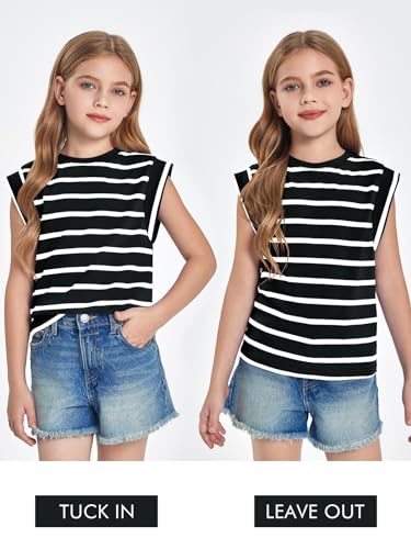 Image of Haloumoning Girls Cap Sleeve T Shirts Summer Striped Tank Tops Tees 4-14 Years