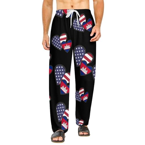 Interlocking Hearts U.S.A. Cambodia Flag Womens Mens Pajama Pants Lounge Sleep PJ Bottoms with Pockets
