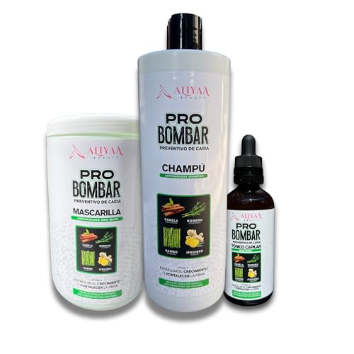 Aliyaa Beauty Pro Bombar Kit Anticaída, Champú 1000ml, Mascarilla 1000ml, Tónico 100ml, con Canela, Romero, Bambú y Jengibre