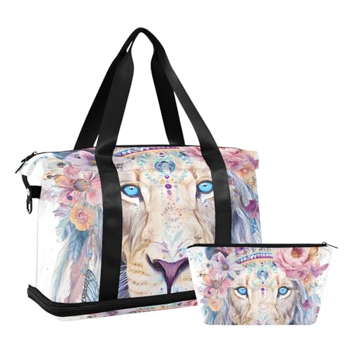 ALAZA Sports Duffel Bags with Toiletry Bag Set,Lion Travel Duffel Bags Multi Pockets Weekend Bag2