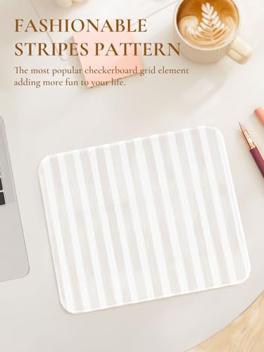 Image of Square Cute Striped Mouse Pad with Stitched Edge, Premium Waterproof Cloth Aesthetic Small Mouse Mat, Non-Slip Rubber Base Simple Funny Mousepad Desk Accessories,Beige and White