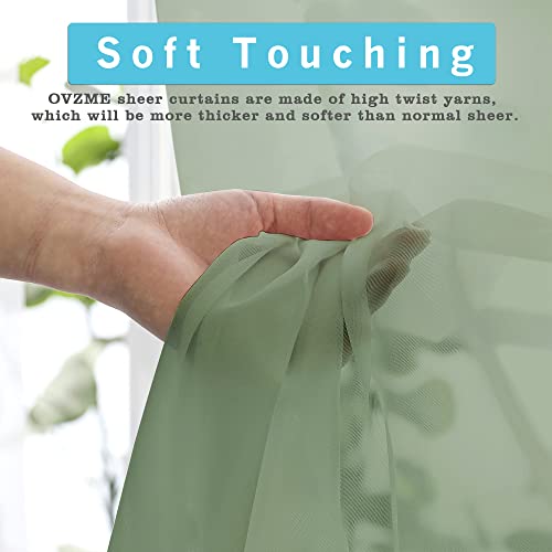 Image of OVZME Sage Green Sheer Curtains 36 inches Long, Short Kitchen Window Treatment Solid Sheers Cafe Curtains Bathroom Voile Half Window Panels, Rod Pocket, 42 inch Wx36 L