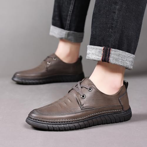 Mens Handmade Leather Lace Up Flats Oxford Shoes Casual Lightweight Low Top Non-Slip Round Toe Walking Driving Loafers Shoes Khaki Black3