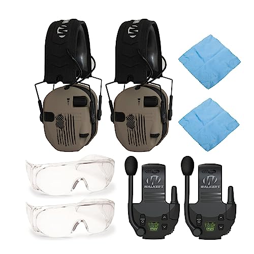 Walkers Razor Slim Electronic Muff (US Flag-FDE, 2-Pack) Bundle with Tactical/Hunting Walkie Talkie Attachment, Glasses and Microfiber Cleaning Cloth (8 Items)