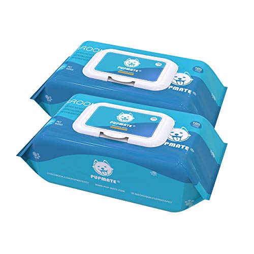 PUPMATE Natural Pet Grooming Wipes, 100 Fresh Counts, Extra Moist & Thick for Dogs & Cats, Puppies & Kittens Set of 2