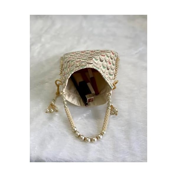 YO VINTAGE Designer Silk Potli Bag with Pearl Beaded Wristlet for Women and Girls with Handmade Embroidery ideal for traditional outfits at parties/weddings| Round Drawstring handbag - Image 4