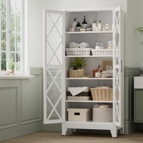 Image of Bevivog 71 inch Tall Display Cabinet with Glass Doors, Farmhouse Metal Storage Glass Cabinet with 4 Adjustable Shelves, White Vintage Storage Cabinet for Collectibles,Curio, Books, Chinaware, Figures