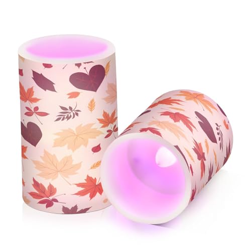 Image of ALAZA Autumn Fall Maple Leaves Flickering Flameless Candles Battery Operated with Remote Timer,Tea Light Candles LED Pillar Votive Candles Set of 2 for Outdoor Indoor Decorations