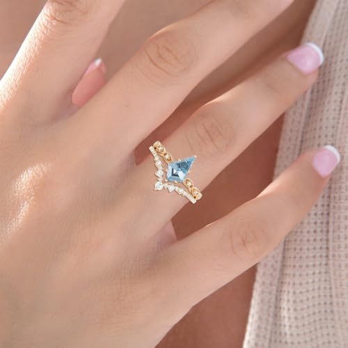 Solid Gold Kite Cut Gemstone and Diamond Wedding Ring Sets for Women, 10K 14K 18K Vintage 2pcs Bridal Rings Set Art Deco Engagement Promise Rings Anniversary Christmas Gifts for Mother Grandma3
