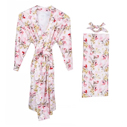 Peignoir de grossesse allaitement coton pur rose ensemble 3 pièces maison Beavorty