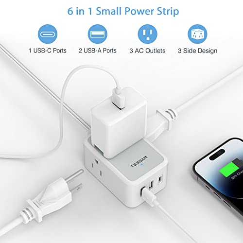 Small Flat Plug Power Strip, Tessan Ultra Thin Extension Cord With 3 Usb Wall Charger (1 Usb C), 3 Outlets Mini Nightstand Charging Station, 5 Ft Slim Plug For Cruise, Travel, Dorm Room Essentials #TOP2