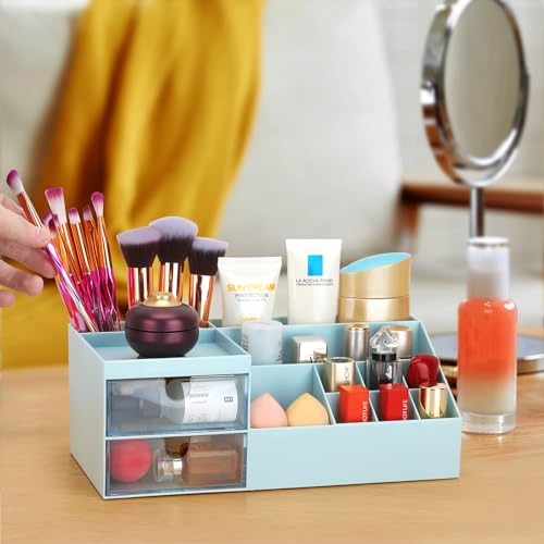Image of LETURE Desk Organizer, Cosmetic Makeup Vanity Organizer Box, Bathroom Counter Makeup Storage for Eyeshadows, Skin Care, Concealers, Powders, Nail Polish (Blue)