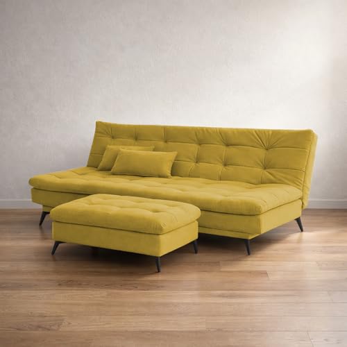 Image of Krancy Solid Wood 3 Seater Sofa Cum Bed with Ottomon | Convertible Wooden Couch for Living Room, Home & Office | Modern Designer Furniture | 1 Year Warranty | Yellow Color