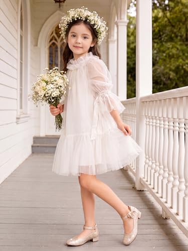 Image of Coutgo Girls Dress Shoes Flower Girl Bow Chunky Heels Closed Toe Ankle Strap Pumps Wedding Party Princess Shoes