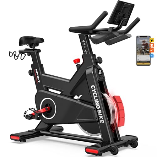 Image of Pooboo Exercise Bike, Stationary Bikes for Home Cardio with Comfortable Seat Cushion, Adjustable Seat Handle, APP Supported Spin Bikes for Home with iPad Holder & 400 lbs Weight Capacity