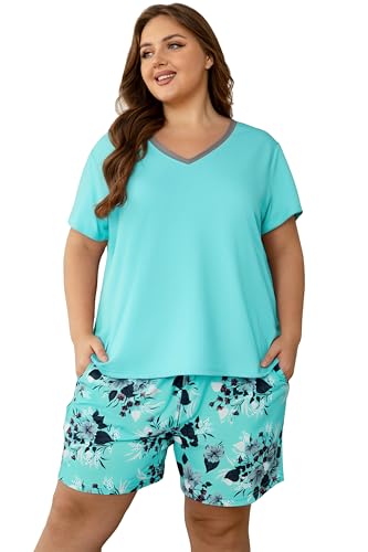 Image of Vozanet Women's Short Sleeve Top and Shorts Pajama Sets Plus Size V Neck Colorful Flower Nighty Loungewear With TWO Pockets