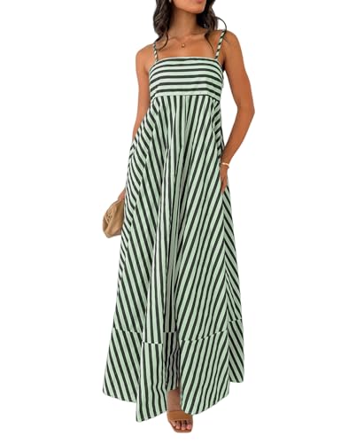 Image of NUFIWI Women Summer Striped Maxi Dress Spaghetti Strap Cutout Ruffle Long Dress Flowy Swing Beach Vocation Dress
