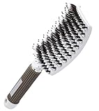 Boar Bristle and Nylon Curved Vented Hair Brush for Fast Blow Drying Detangling and Head Massage Hair Styling (White)