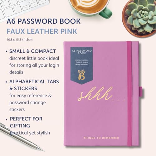 Busy B Password Book - Pink Faux Leather Cover All your Internet Passwords in One Place - Compact & Discreet Design with Tabbed A-to-Z Index, Storage Pocket, Stickers & Elastic Closure Band - Image 2