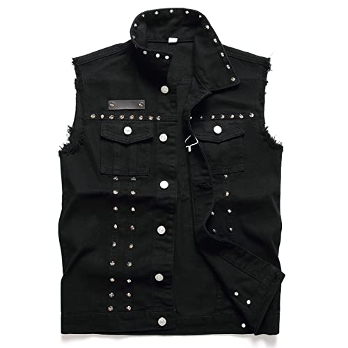 Image of Denim Vest Men Lapel Sleeveless Slim Fit Retro Ripped Casual Jean Vest for Men's