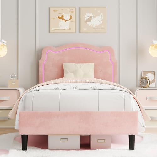 Image of GarveeHome Twin Upholstered Smart LED Bed Frame with Headboard, Velvet Princess Platform Bed Frame for Kids, Wooden Slats Support, No Box Spring Needed (Pink, Twin)