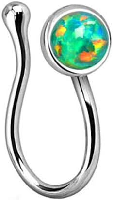 Fake Non-Piercing Nose Clip - Rhodium Plated with Bezel-Set Opalite - Sold Each